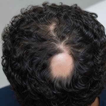Top view of person with patchy hair loss alopecia areata showing scalp with curly black hair surrounding bald patch