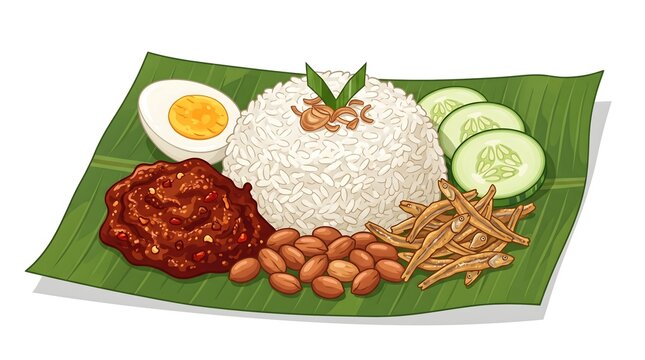 nasi lemak, Steamed white rice served with spicy sambal, fried egg, cucumber, peanuts, and vegetables, creating a colorful and traditional Indonesian meal presentation.