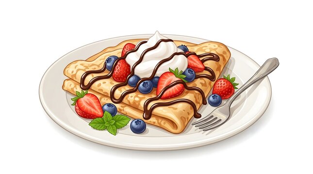Digital vector illustration of crepe, Savory noodles topped with tender beef, fried egg, mushrooms, vegetables, and fresh garnish, creating a hearty Asian-inspired comfort meal.