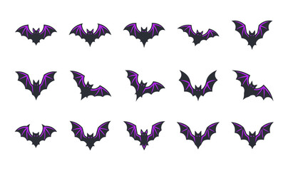 Fototapeta premium Spooky Halloween Flying Bat Sprite Sheet and Animation Sequence Icon Set with Purple and Black Winged Vampire Creatures for Gaming and Holiday Graphic Designs
