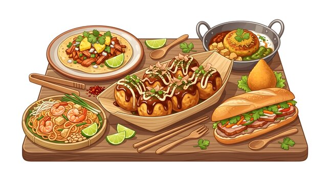 Digital vector illustration of Colorful Asian street food platter featuring grilled meat, noodles, vegetables, and dipping sauces, offering a diverse and appetizing culinary presentation.