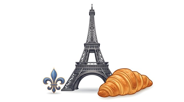 Charming illustration combining the Eiffel Tower with a croissant and French decorative elements, representing Paris travel, French culture, and European cuisine.