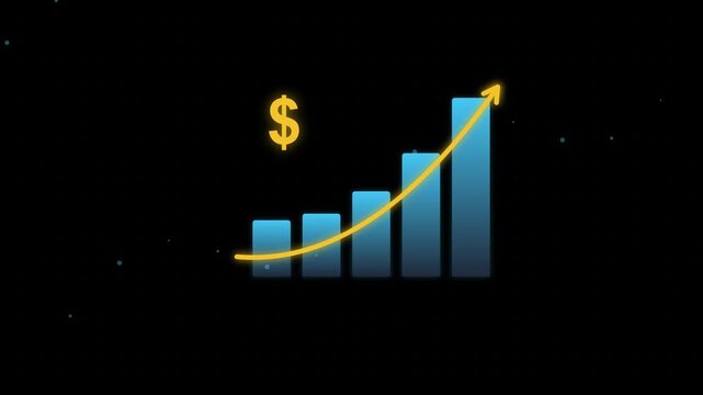 Visual representation of financial growth featuring a rising blue bar chart with a golden arrow and dollar sign symbol isolated on a dark background