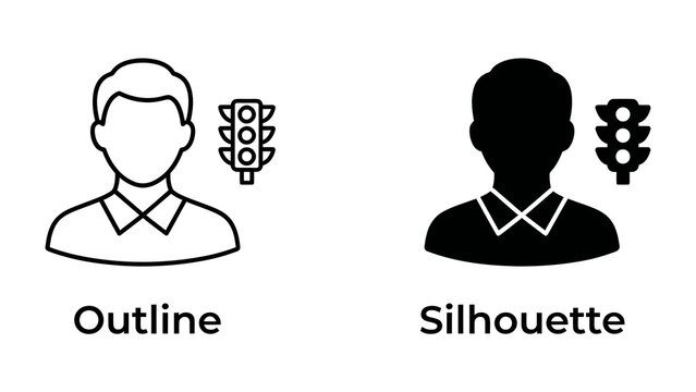 Man with Traffic Light Icon: A graphic representation of a man in outline and silhouette form, each accompanied by a traffic light icon, symbolizing guidance, regulation, or decision-making.