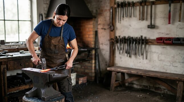Female blacksmith forging hot metal on an anvil. Woman artisan striking glowing iron with a hammer in a traditional workshop. Skilled trade and metalworking craft concept