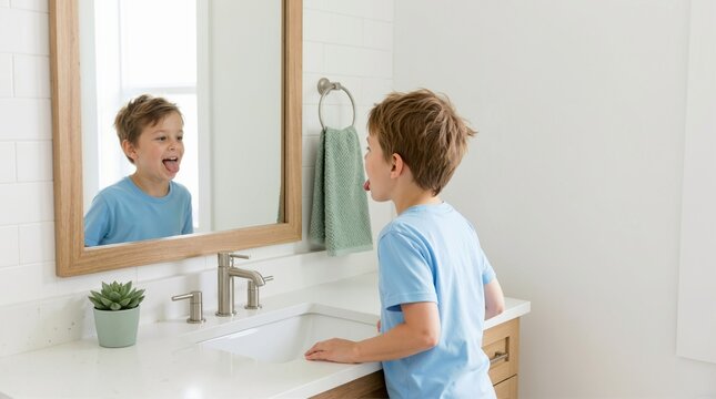 Young boy sticking his tongue out at his reflection in a bathroom mirror. Child making a funny face in front of a sink