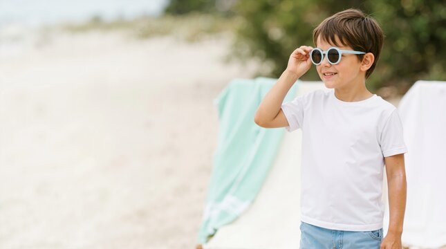 Smiling young boy wearing sunglasses on a sandy beach. Child enjoying a summer day by the ocean