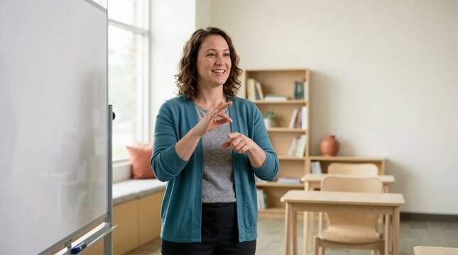 Female teacher using sign language in a classroom. Smiling woman communicating with hand gestures in school. Accessibility and non-verbal education concept