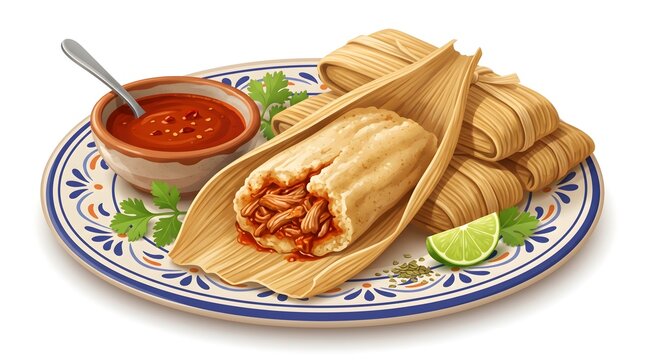 Authentic Mexican Tamales Platter with Spicy Salsa and Fresh Lime on a Traditional Ceramic Plate for Restaurant Menus