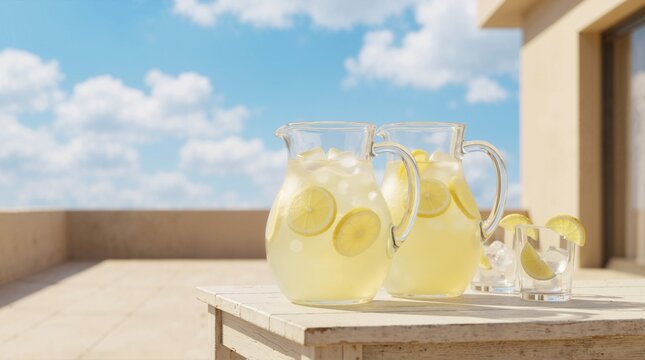 Two glass pitchers of cold lemonade with ice and lemon slices on a wooden table. Refreshing summer drink outdoors under a blue sky