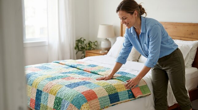 Smiling woman spreading a colorful patchwork quilt on a bed. Female homemaker making the bed in a bright bedroom. Housework and home decor concept