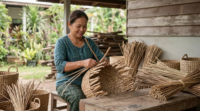 Asian woman weaving a handmade basket from natural twigs. Female artisan crafting traditional wickerwork outdoors