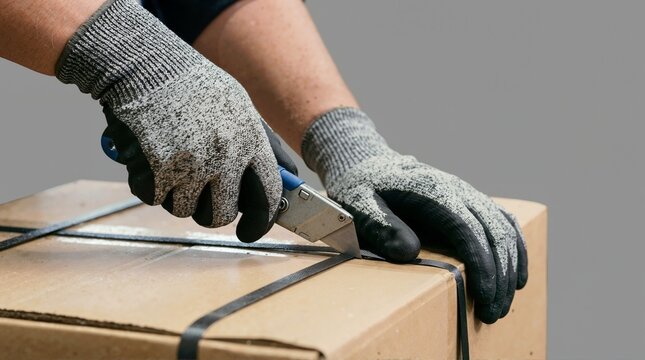 Close-up of hands in protective gloves cutting a strap on a cardboard box. Worker using a utility knife to open a package. Shipping, logistics and safety concept