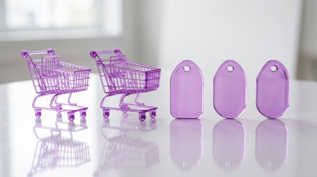 Two purple shopping carts, three upright tokens, reflective surface, minimalist retail, consumer design.