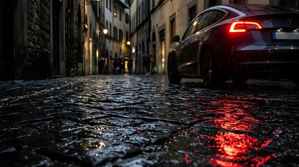Naklejka premium Modern car parked on a wet cobblestone street in an old European city at night