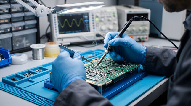 Technician working on electronic equipment with specialized tools, representing professional electronics repair, engineering, maintenance, and technical services.
