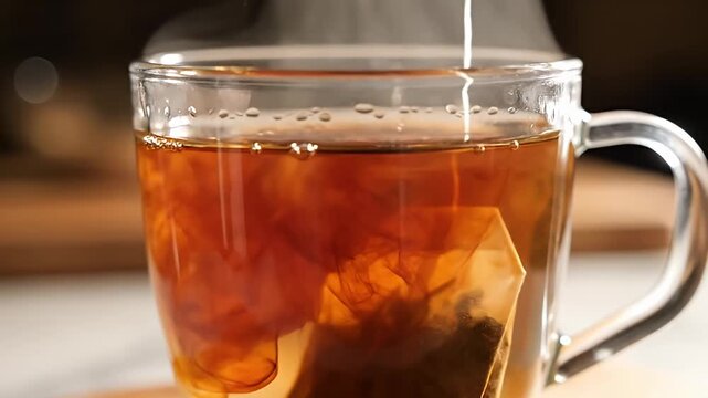 Tea bag steeping in clear glass mug.
