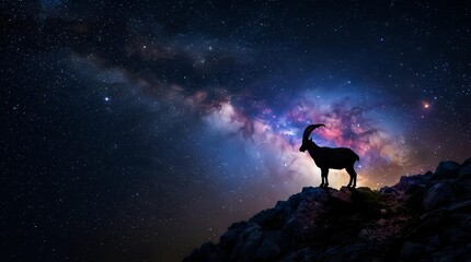 Naklejka premium Silhouetted llama standing on rocky mountain ridge against vibrant galactic sky with colorful nebula and stars, representing wonder and cosmic exploration for astronomy and nature themes.