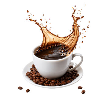 Coffee Cup with Dramatic Splash and Roasted Coffee Beans Isolated on transferred  Background