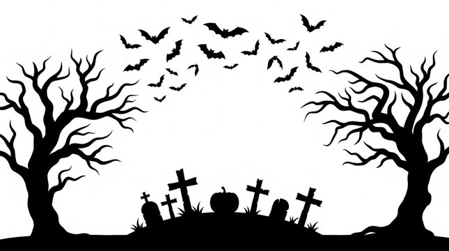 Black silhouette illustration of a graveyard with pumpkin bats and bare trees halloween silhouette