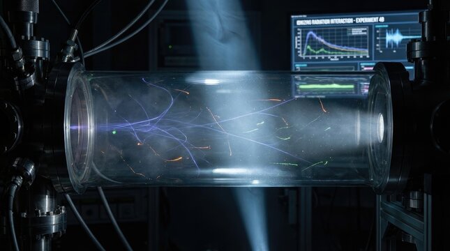 Scientific apparatus emitting electromagnetic radiation, demonstrating particle interaction, advanced physics experiment, spectral energy display, digital data analysis, research laboratory setting.