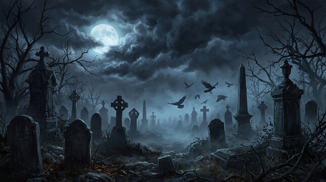 Dark haunted graveyard under full moon with flying crows and thick fog, gothic architecture