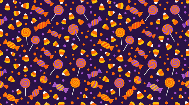 Seamless pattern of halloween candy and lollipops on dark purple background with halloween, colorful