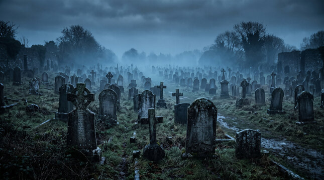 Old graveyard with headstones in misty blue night landscape graveyard cemetery headstone