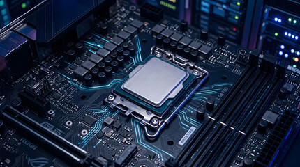 Fototapeta premium Close-Up of Computer Processor on Motherboard Illustrating Advanced Computing Power for Technology and Innovation Concepts