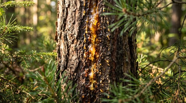 Close-up of golden pine resin glistening on rough pine tree trunk, amber sap dripping down bark, surrounded by green pine needles and blurred forest background, sunlight filtering through trees, photo