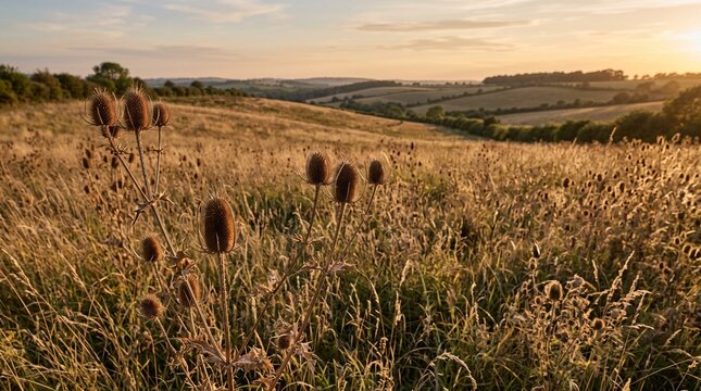 Dry thistle plants in golden countryside meadow at sunset, tall grass field with rolling hills in background, warm golden hour light, soft sky, rural landscape, photorealistic, ultra-detailed, 8k, nat