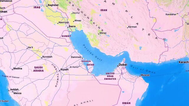 Detailed Map of Middle East Showing Persian Gulf, Gulf of Oman, Red Sea, Iran and Saudi Arabia with Regional Borders and Geography