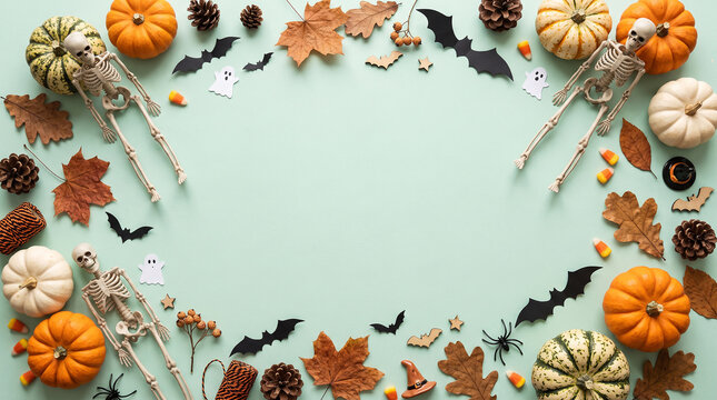 Halloween flat lay frame of mini pumpkins skeletons bats and autumn leaves with still life, skeleton