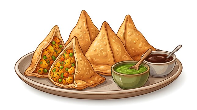 Digital vector illustration of Golden triangular vegetable samosas arranged with fresh green chutney and dark dipping sauce, showcasing a classic Indian appetizer and snack.