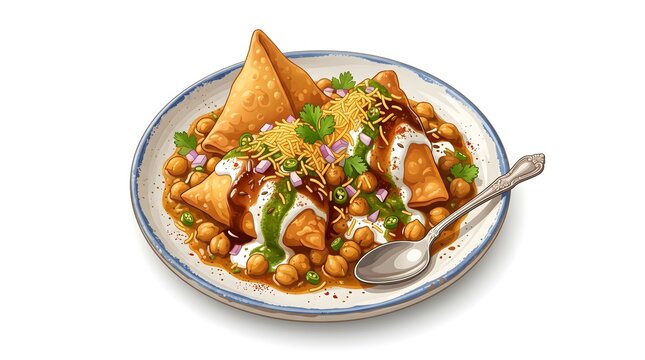 Digital vector illustration of Crispy samosas topped with chickpeas, vegetables, herbs, and creamy sauce, creating a colorful Indian street food dish full of texture and flavor.