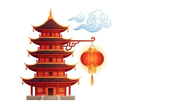 Elegant Chinese New Year illustration featuring a traditional pagoda, red lantern, clouds, and warm festive elements on a clean white background.