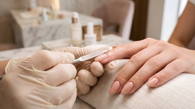 Close-up manicure treatment showing a beauty professional carefully shaping fingernails, highlighting personal grooming, wellness, and salon services.