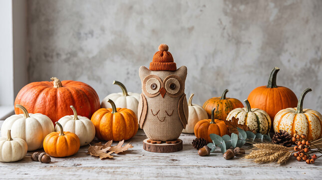 Festive thanksgiving table centerpiece featuring decorative owl and assorted pumpkins, thanksgiving
