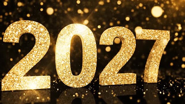 Gold glitter 2027 numbers on sparkling black background