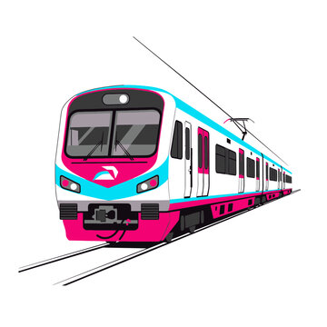 Modern pink and blue train moving fast on railroad tracks