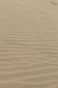 Detailansicht von feinen, wellenf&ouml;rmigen Sandstrukturen auf einer D&uuml;ne. Die durch Wind geformten, organischen Muster erzeugen eine minimalistische, abstrakte &Auml;sthe