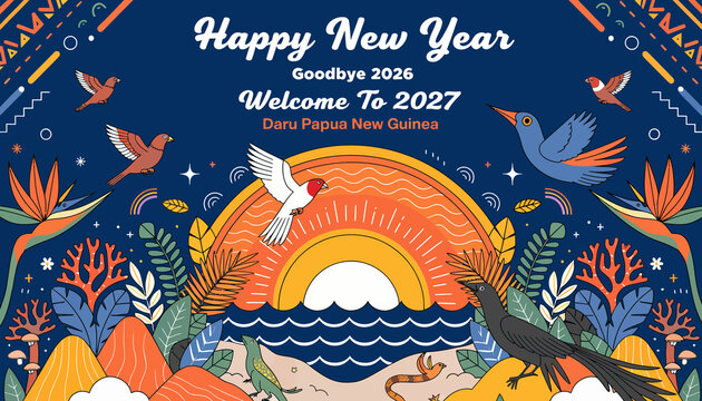 Happy New Year 2027 Daru Papua New Guinea - Tropical Birds, Sunrise, Ocean Waves, Exotic Flora