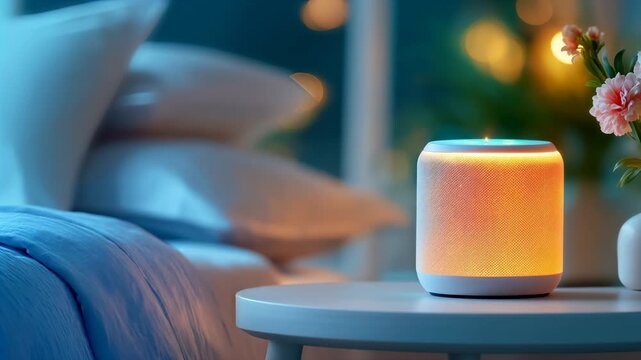Smart speaker glows with shifting pastel light on a bedside table in a dim cozy bedroom with soft evening bokeh