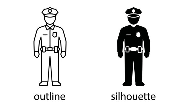 Police Officer Icon: A graphic representation of a police officer, depicted in both an outline and a silhouette style, symbolizing law enforcement and authority.