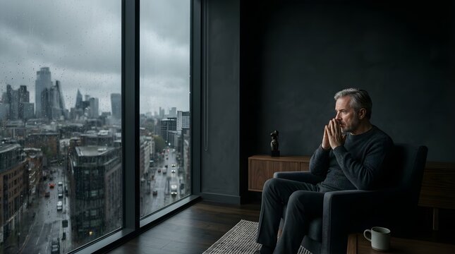 Thoughtful middle aged man sitting in a dark apartment looking at rain