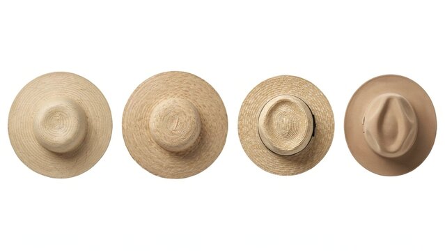 Straw hats collection top view arrangement, beige and tan woven textures with varied crown shapes and brim widths, flat vector illustration