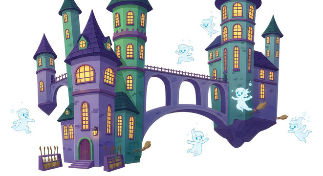 A magical floating castle illustration perfect for a spooky and fun hallowen party theme