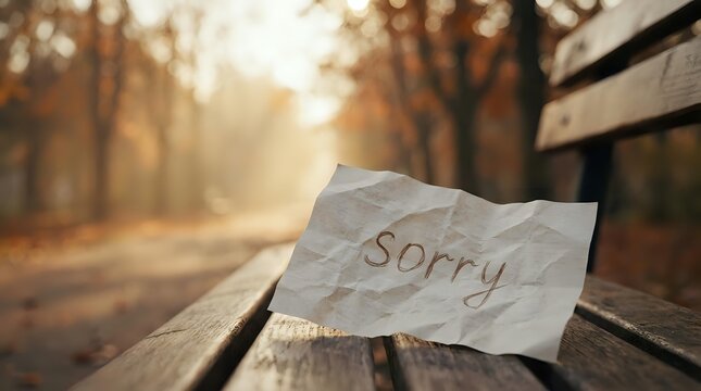 Crumpled paper with sorry text lying on wooden bench in autumn park with blurred fall foliage background, conveying apology and regret emotions.