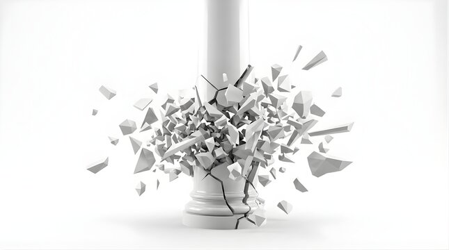 White stone pillar exploding into fragments isolated on white background