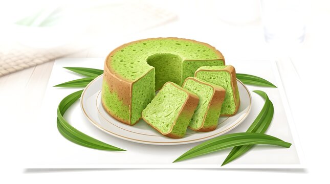 Pandan chiffon cake, Soft green pandan sponge cake sliced into neat pieces and arranged on a white plate, showcasing a delicate tropical dessert.